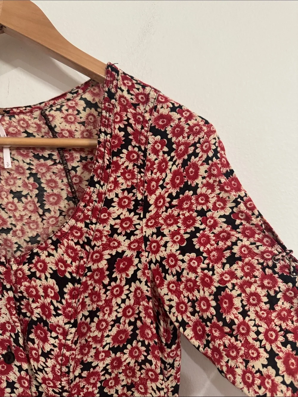 Free People Lace Up Mini Black Combo Dress Buttoned Front Ditsy Floral Print S